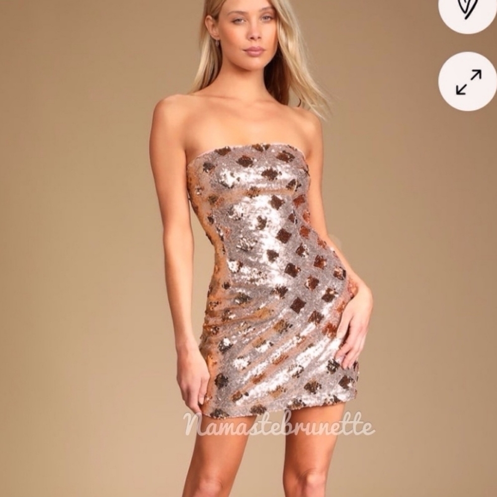 Nwt Lulu's Rose Gold Sequin Strapless Bodycon Mini Dress